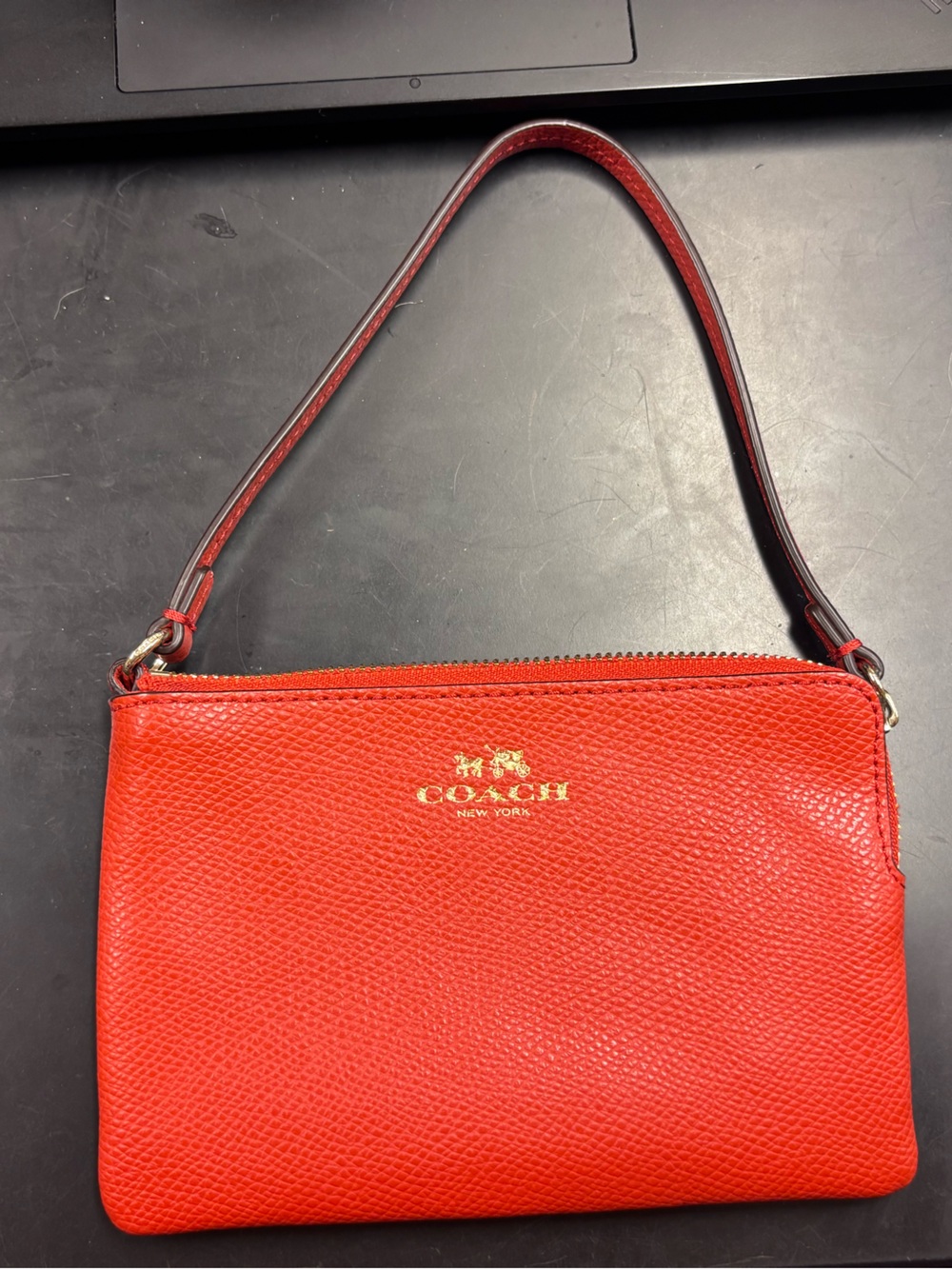 COACH Small Wristlet Pouch Wallet in Red/Orange Polished Pebble Leather